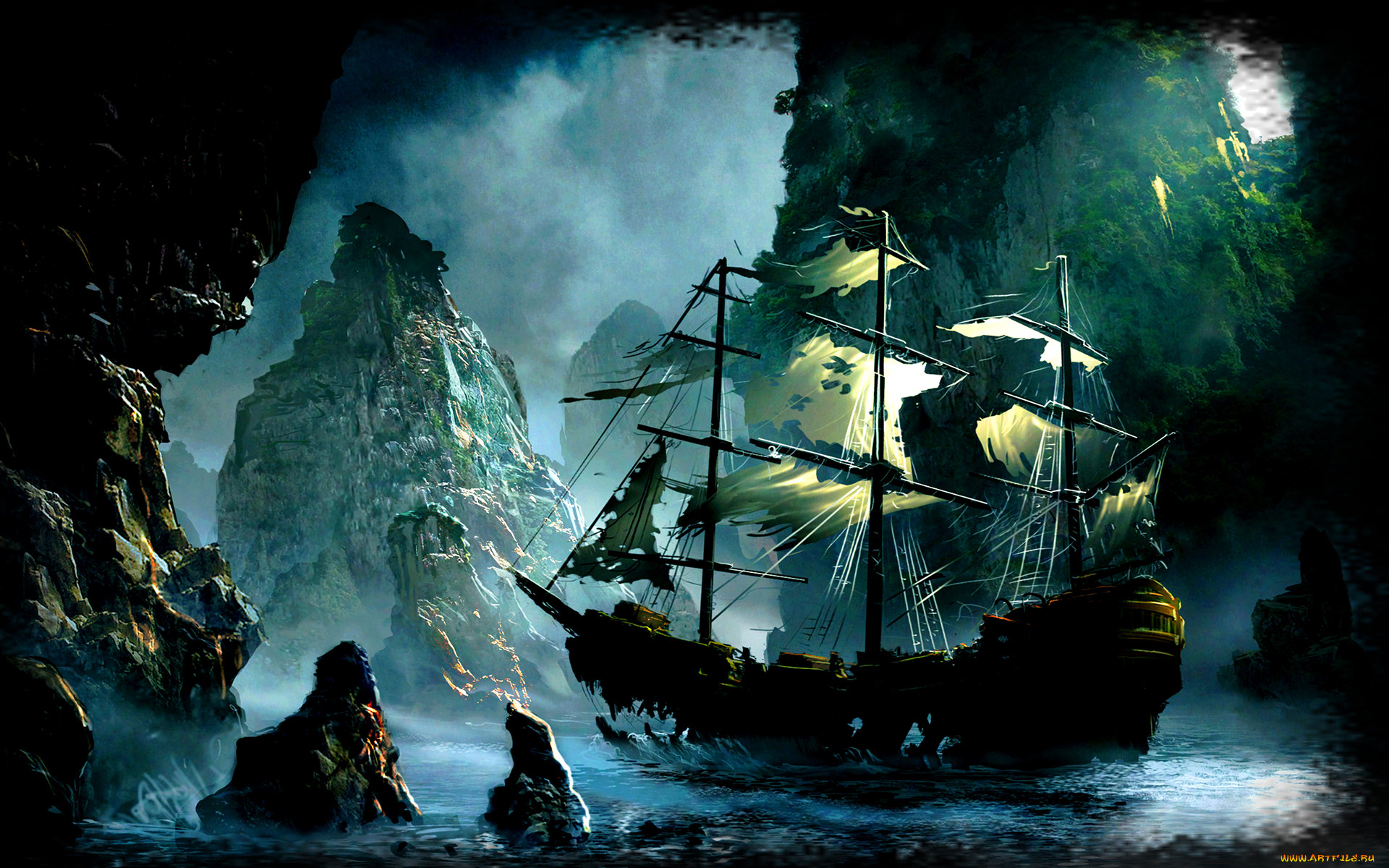 ghost-ship, фэнтези, корабли, пиратский, грот, корабль, призрак.